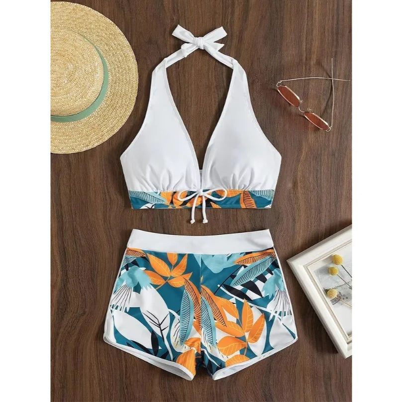 Europe and the United States swimsuit ladies print neck conservative flat Angle high waist split flat Angle bikini high waist