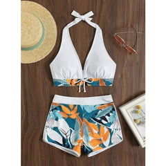 Europe and the United States swimsuit ladies print neck conservative flat Angle high waist split flat Angle bikini high waist