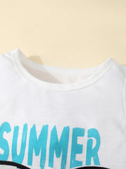 Summer  4-7  Years  Old  Cool Boys  Sleeveless  Top  And  Hawaiian  Printed Shorts  Casual  3-Piece  Set  With  Hat