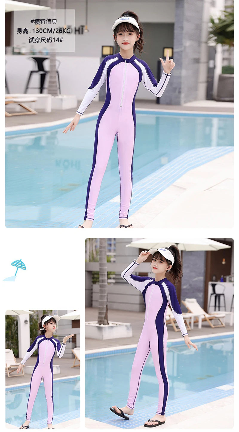 One Piece Girls Swimwear Full Cover Long Sleeve Swimsuit Kids Sun Protection Swimming Suit Teenage Korean Style Bathing Suit