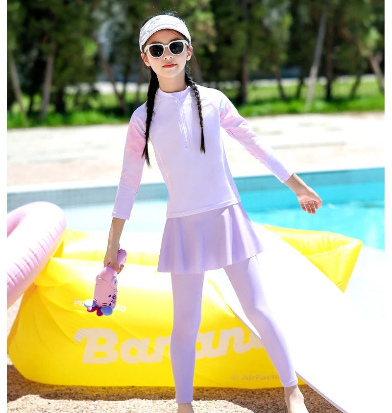 Two Piece Long Sleeve Girls Swimwear With Skirt Burkini Swimsuit Kids Children Modest Swimming Suit Sun Protection Beachwear