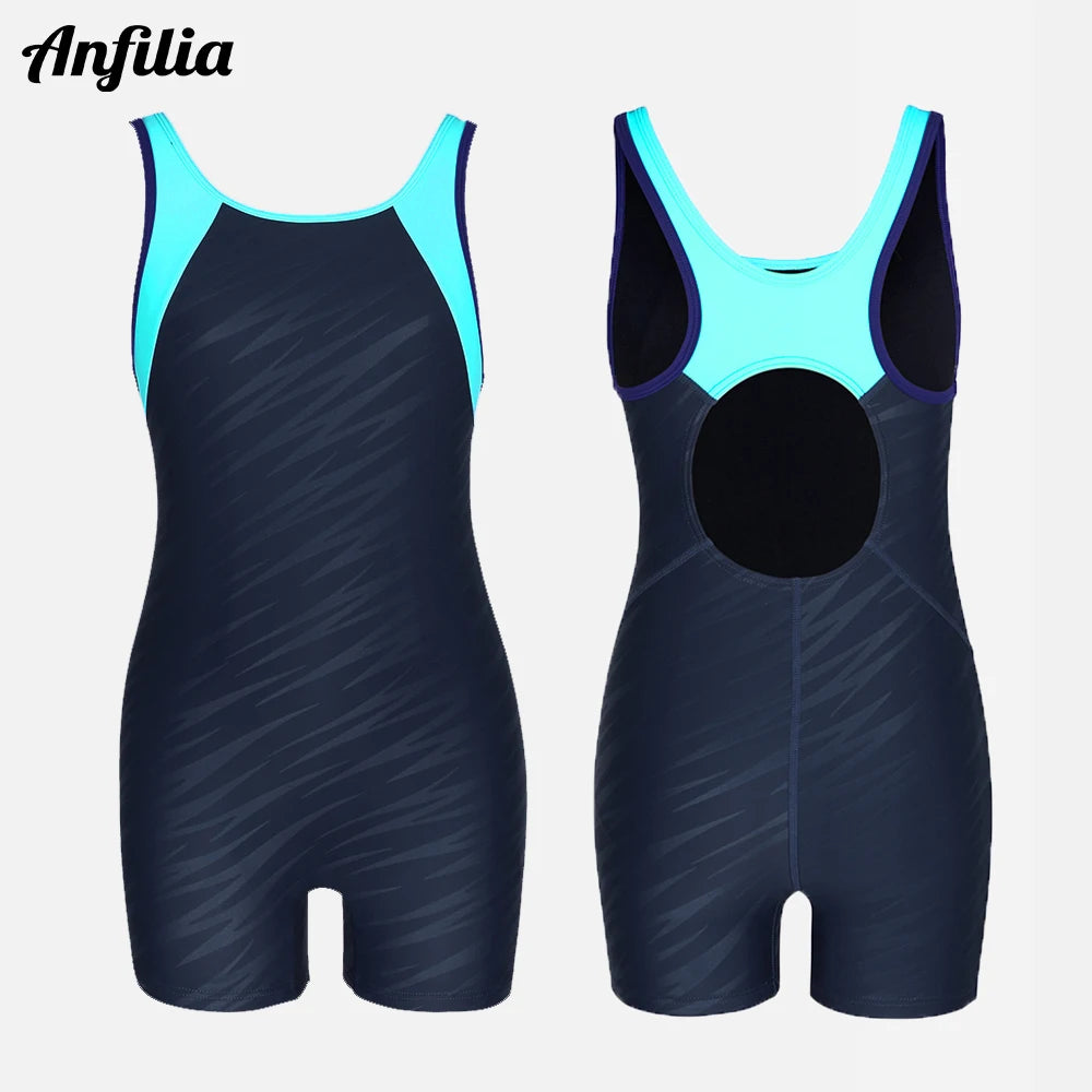 Anfilia Girls One-Piece Sports Swimsuit Size 8-14 Boyleg High Elastic Racerback Athletic Training Bathing Suit