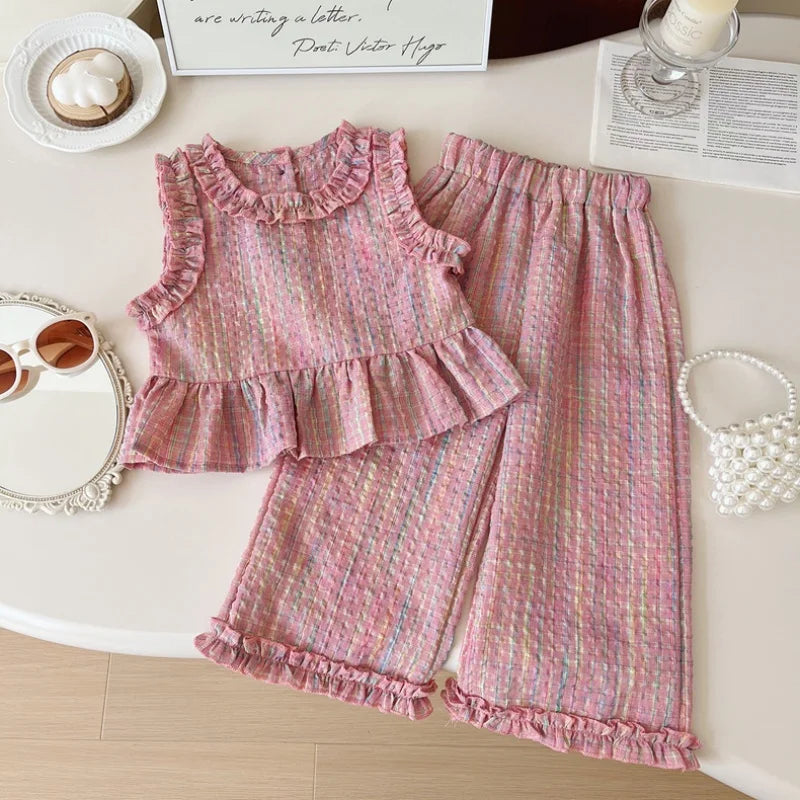 2pc/Set Baby Girl Set Summer Pink Checkered Cotton Sleeveless Top Long Pants Costume For Baby Cute Girls' Beach Set