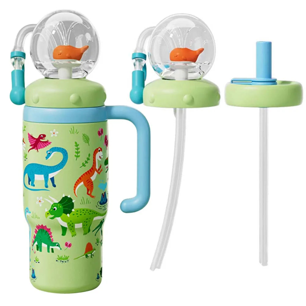 710ML Stainless Steel Whale Fountain Tumbler with Handle Leak Proof Whale Squirt Drinking Cup Water Bottle with Straw Creative G