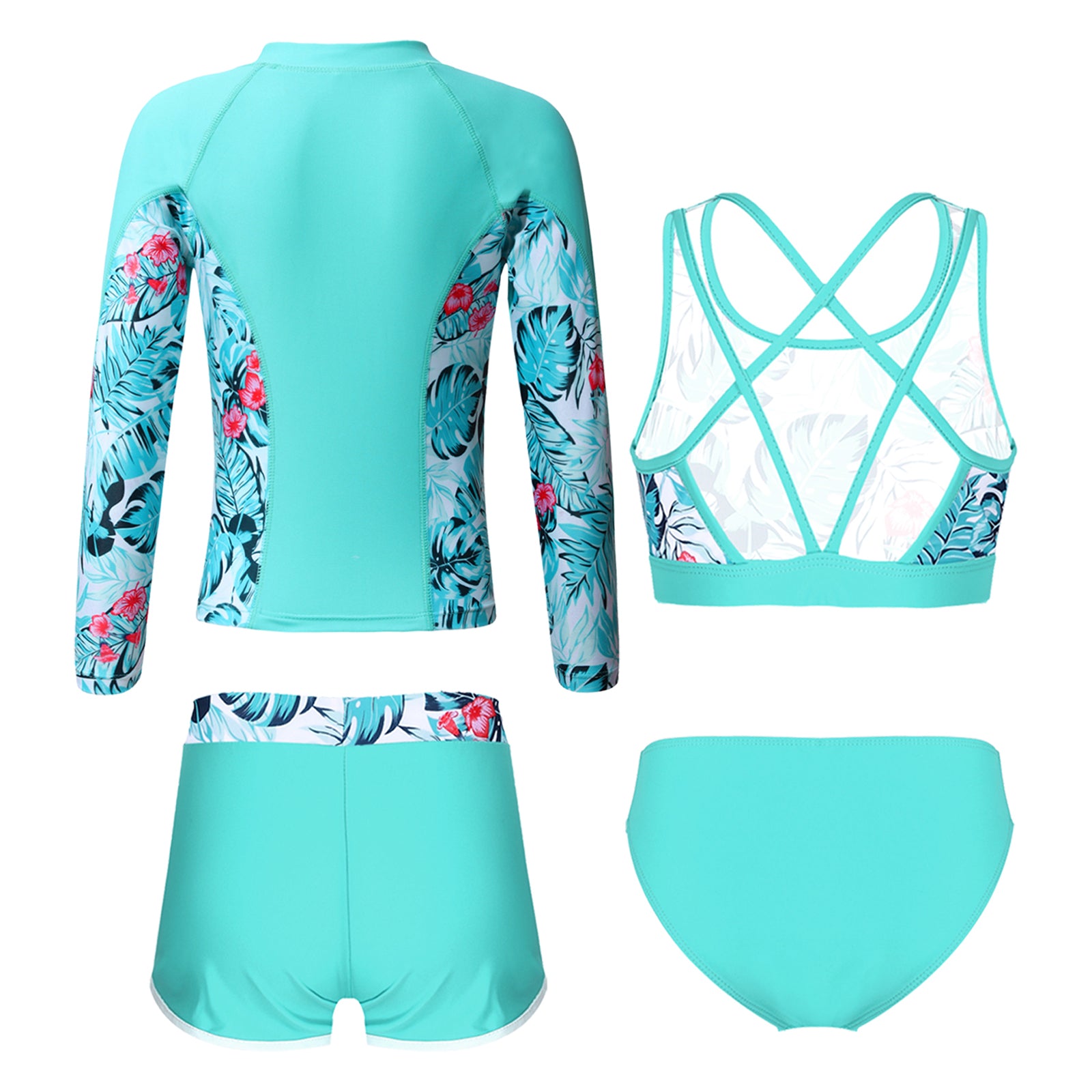 Kids Girls 4PCS Printed Swimsuit Long Sleeve Outerwear with Sleeveless Crop Top Briefs Shorts Bathing Suit Rash Guard Swimwear