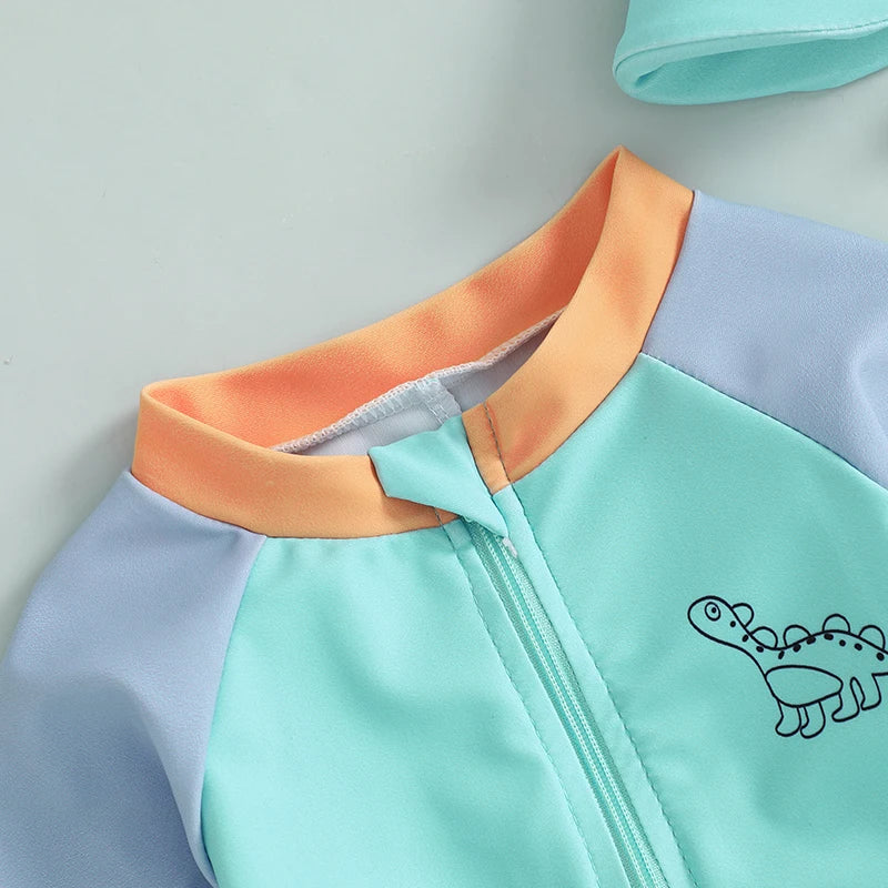 0-3T Newborn Toddler Boys Rash Guard Swimsuit Contrast Color Dinosaur Print Long Sleeve Mock Neck Zip Bathing Suit with Hat