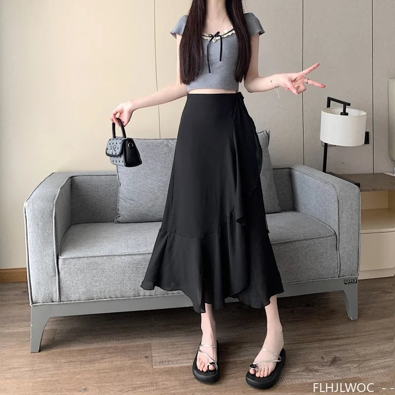 Wrap Up Chic Korea Clothes Women Cute Girls Floral Robe Holiday Beach Date High Waist Retro Vintage One-Piece Lace-Up Skirts