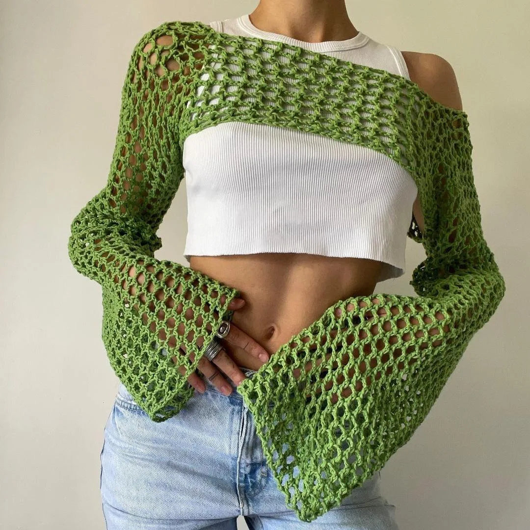 Long Sleeve Crochet Crop Top Summer Knit Hollow Out Mesh Cover Ups 2024 Women‘s Y2k Crochet Tops Pullover Streetwear