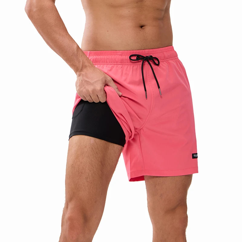 ESCATCH 2026 Latest Mens Shorts Breathable Long Lining Quick-Dry Sports Swim Traje De Baño Hombre Zipper Pockets Beach Shorts