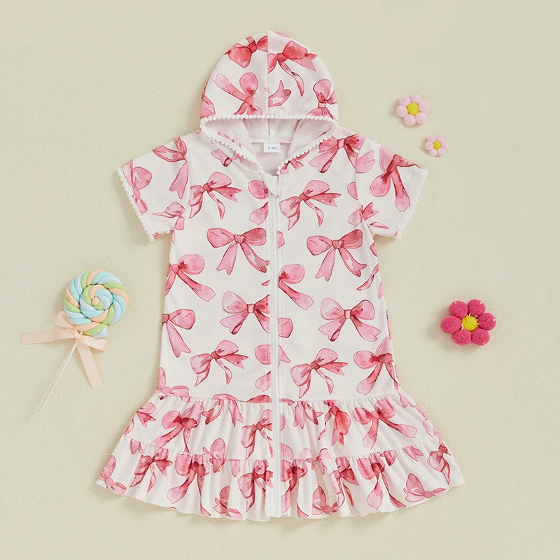 Children Baby Girls Swim Coverups Summer Beachwear Bow Print Short Sleeve  Hooded Bathrobe Absorbent Dress Zip-Up Robe Towel