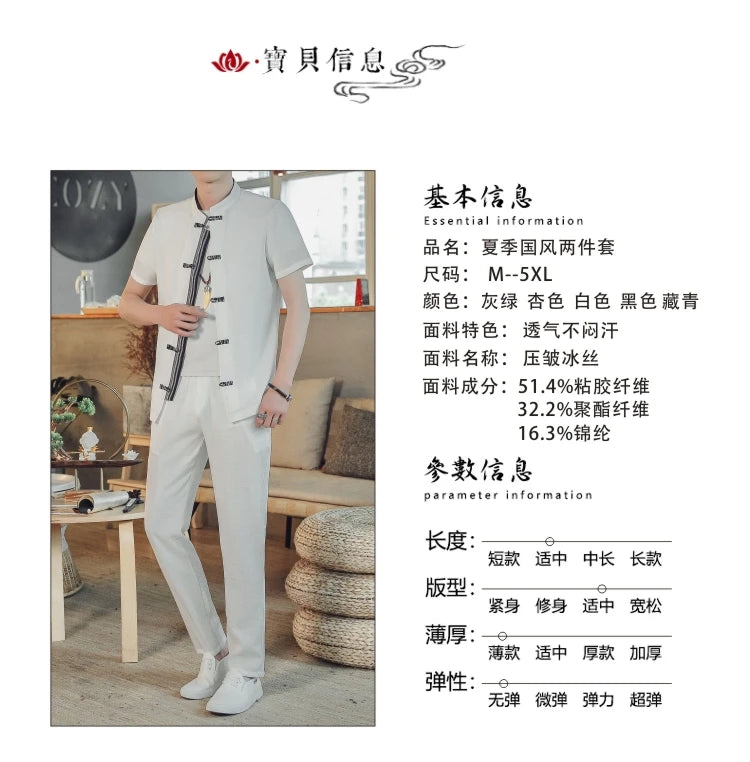 Shirts + Pants summer 100% Cotton linen shorts sleeve Men's Casual Sets Male Fashion trousers and shirts men full size M-5XL