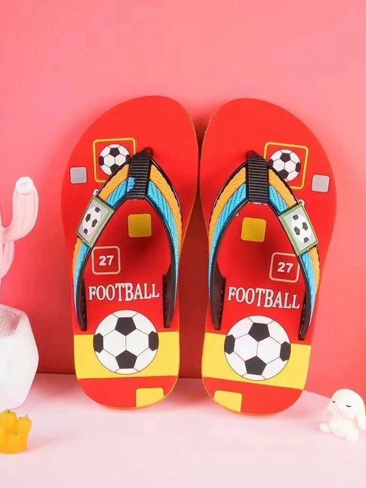 New Summer Baby Boys Girls Slippers Children PVC Cartoon Football Print Flops Flips Beachwear Outdoor Red Blue Green Kids Shoes