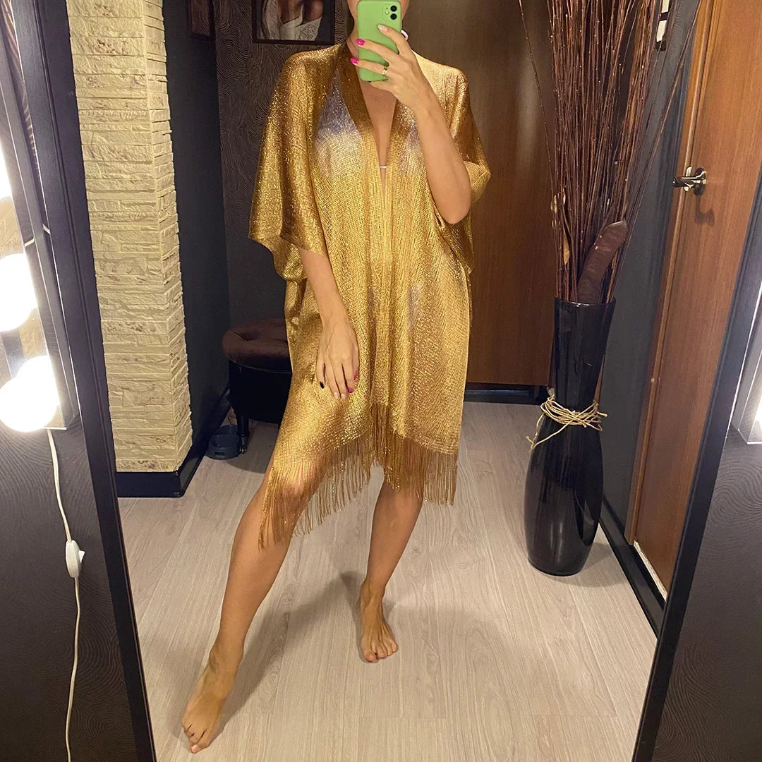Sexy Fringe Tassel Sheer Knitted Beach Cover Up Dress Shiny Mesh Tunic for Women Swimwear Mesh Cover Lightweight Beach Dress