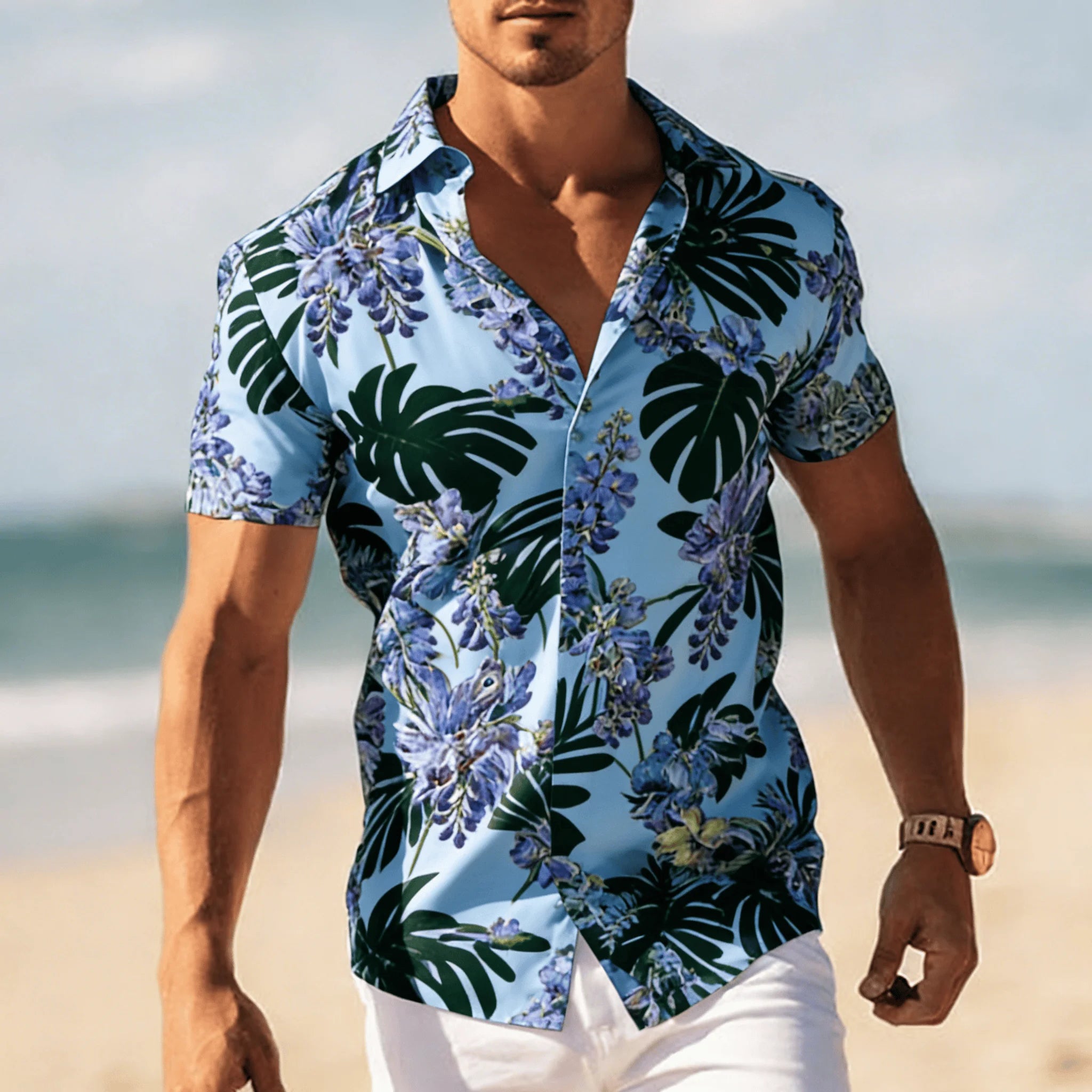 Men's Tropical Floral Print Short Sleeve Shirt, Spring Summer Cool Vacation Casual Top, Pocket Lapel Style