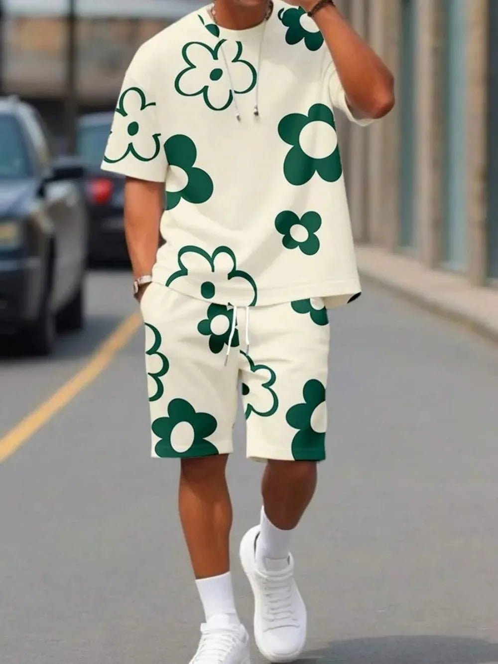 Summer men's breathable and comfortable round neck T-shirt shorts with printed pattern outdoor casual two-piece set