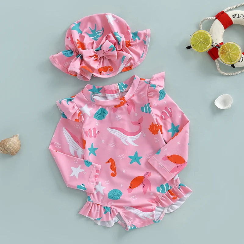 Children Baby Girl Rash Guard Long Sleeve Swimwear with Sun Hat Bathing Suit Infant Swimsuit Newborn 2 Piece Beachwear