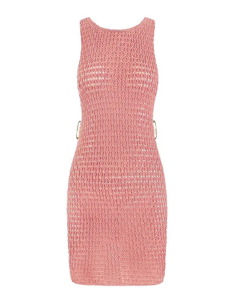 2024 Summer Sexy One Neck Cut Out Circle Decoration Corset Slim Beach Mini Dress Women Seaside Beachwear Swimwear Cover Up A2796