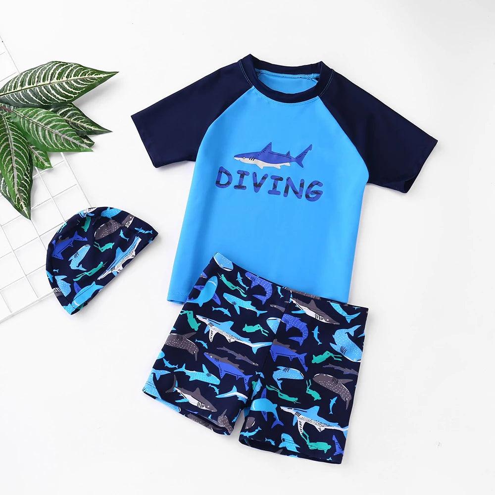 Boys Astronaut Swimsuit Set 3Pcs Kids Rash Guard Swimwear Short Sleeve Shirt + Shorts + Cap Children Beachwear UPF50+