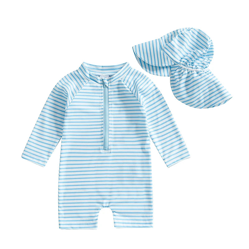 0-3T Toddler Boys Girls Rash Guard Swimsuit with Hat 2 Pcs Set Striped Pattern Zip Up Long Sleeve Crew Neck Baby Swimwears
