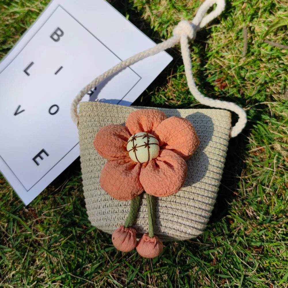 Flower Straw Baby Bags Handmade Summer Beach Women Girls Shoulder Bag Messenger Bag Kids Keys Coin Purse Princess Mini Handbag