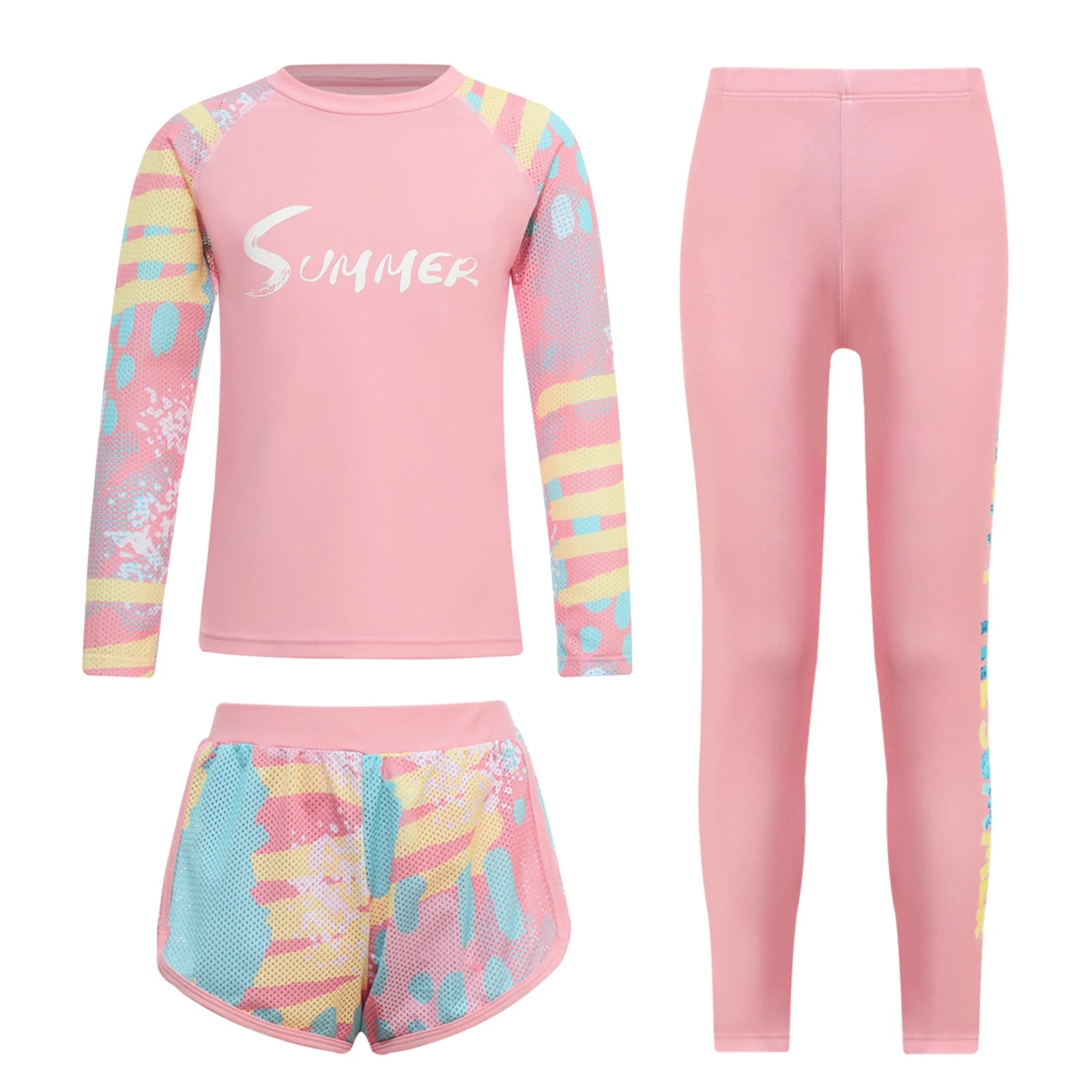 Kids Girls Swimsuit Rash Guard 3Pcs Sunsuit Outfit Long Sleeve Floral Tops Shorts Legging Child Sun Protection Pool Swimwear Set