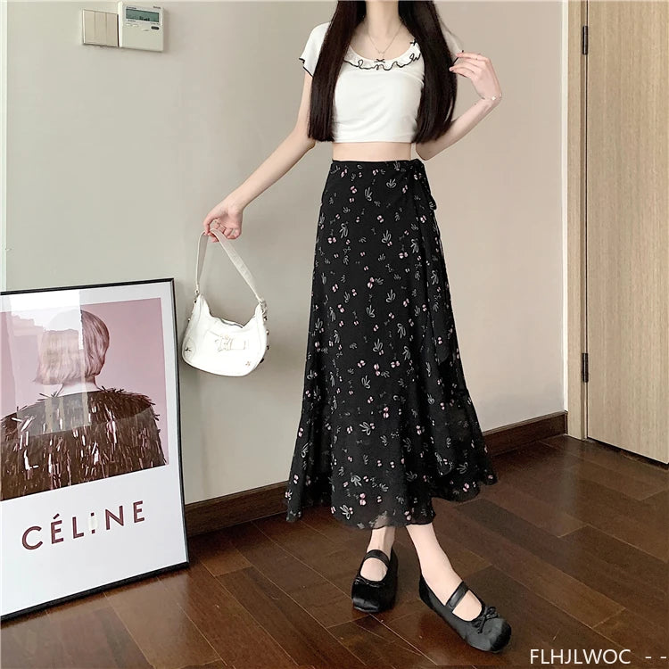 Wrap Up Chic Korea Clothes Women Cute Girls Floral Robe Holiday Beach Date High Waist Retro Vintage One-Piece Lace-Up Skirts