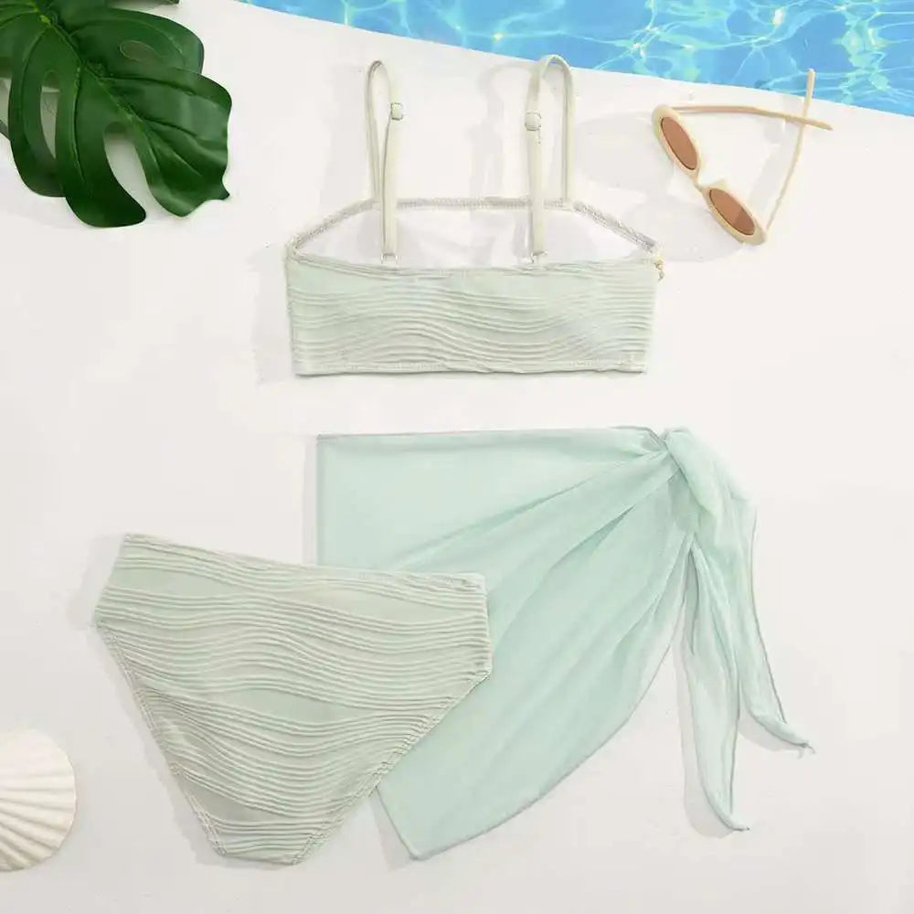 2026 Strappy Girls Swimsuit 3 Pieces Bikini & Skirt Bandeau Kids Swimwear Female Children's Bathers Bathing Swimming Swim Suit