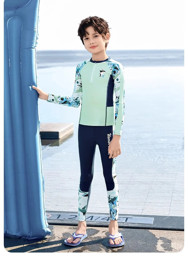 Full Body Boys Swimwear Sun Protection Kids Swimsuit Two Piece Children Long Sleeve Bathing Suit Summer Swimming Pool Clothes