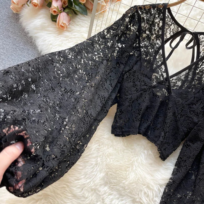 Frenchic Sexy Blusas Mujer Crochet Lace Sheer Women Tops V-neck Lantern Sleeve Backless Lace-up Ladies Elegant Blouse