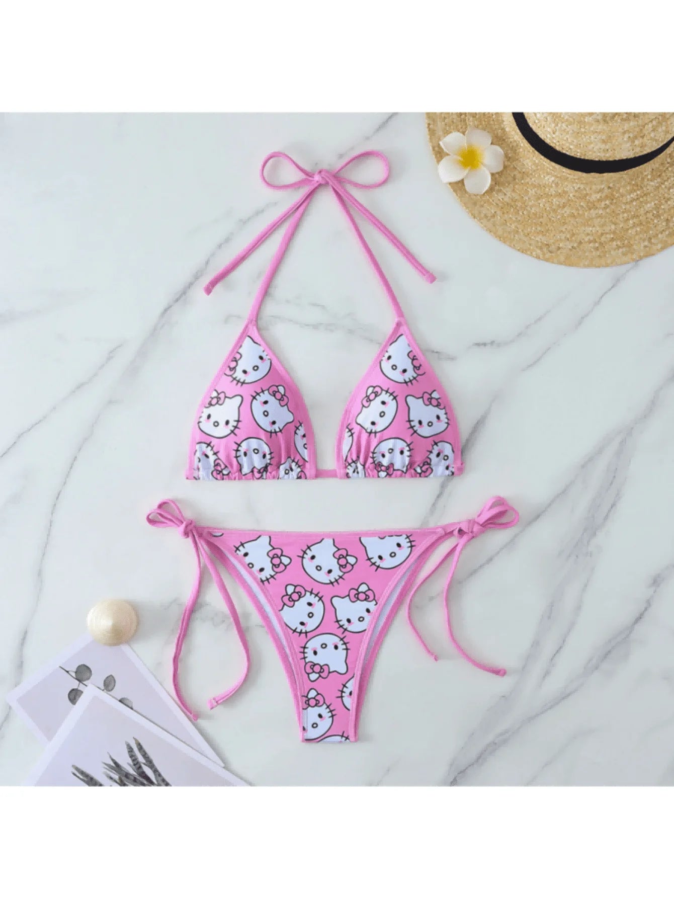 2pcs/A Set Kawaii Hello Kitty Print Triangle Bikini Set Halter Tie Side Swimwear 2-Piece Bathing Suit for Summer Beach Vacation