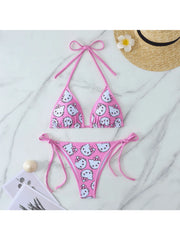 2pcs/A Set Kawaii Hello Kitty Print Triangle Bikini Set Halter Tie Side Swimwear 2-Piece Bathing Suit for Summer Beach Vacation