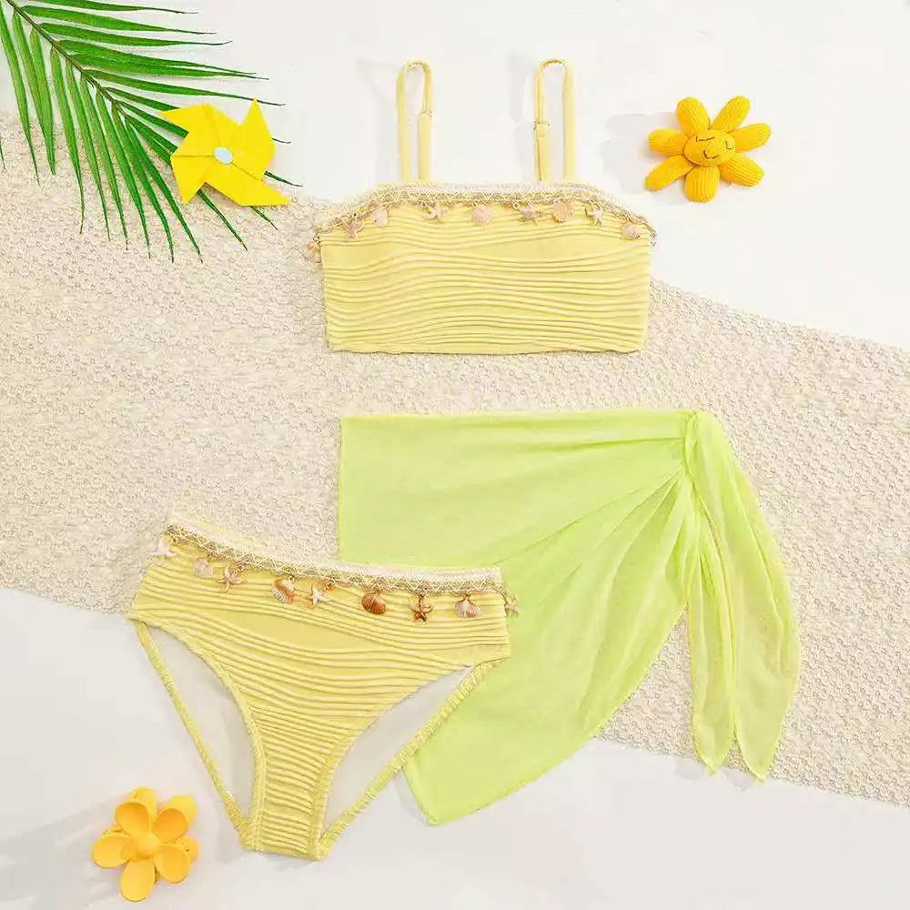 2026 Strappy Girls Swimsuit 3 Pieces Bikini & Skirt Bandeau Kids Swimwear Female Children's Bathers Bathing Swimming Swim Suit