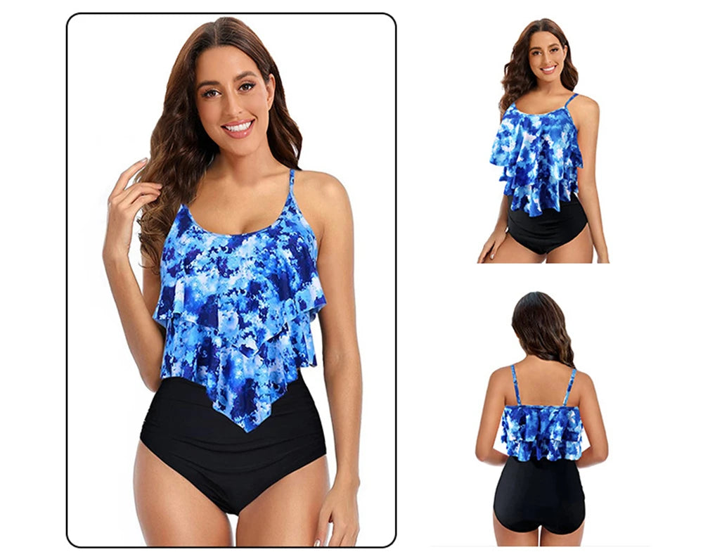 8 Colors Women Ruffled Tankini Set Padded Top With Adjustable Shoulder Straps Elastic Slim Knitted High Waisted Beachwear