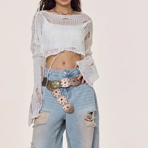 Y2k Cropped Hole Sweater Sexy Gyaru Hollow Out Knit Pullovers Goth Korean Long Sleeve Jumper Summer Fashion Sheer Knitwears Tops