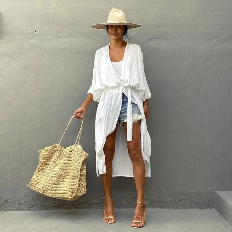 Women's Boho Stripe Tie Dye Swimsuit Cover Up with Belt Tunic Sarong Cardigan Dress Bikini Cover-ups Beach Wear Kimono