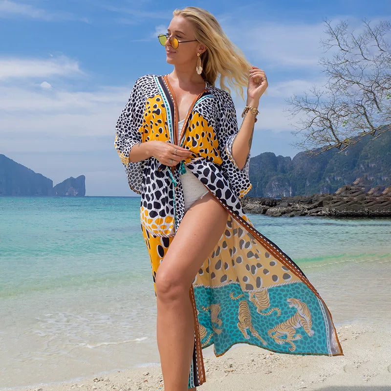 Swimsuit Cover Up Printed Kimono for Sea Boho Coverup Long Luxury Beach Outings Belted Swimwear Cape Holiday Bathing Suits Sales