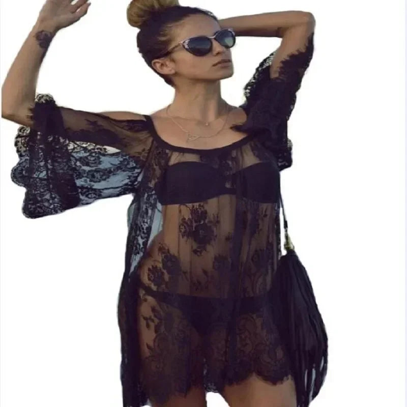 New Saida De Praia Beach Cover Up Pareo Playa Coverup Dress Vestido Livre Swimsuit Wear Swimwear White Lace Women Beachwear