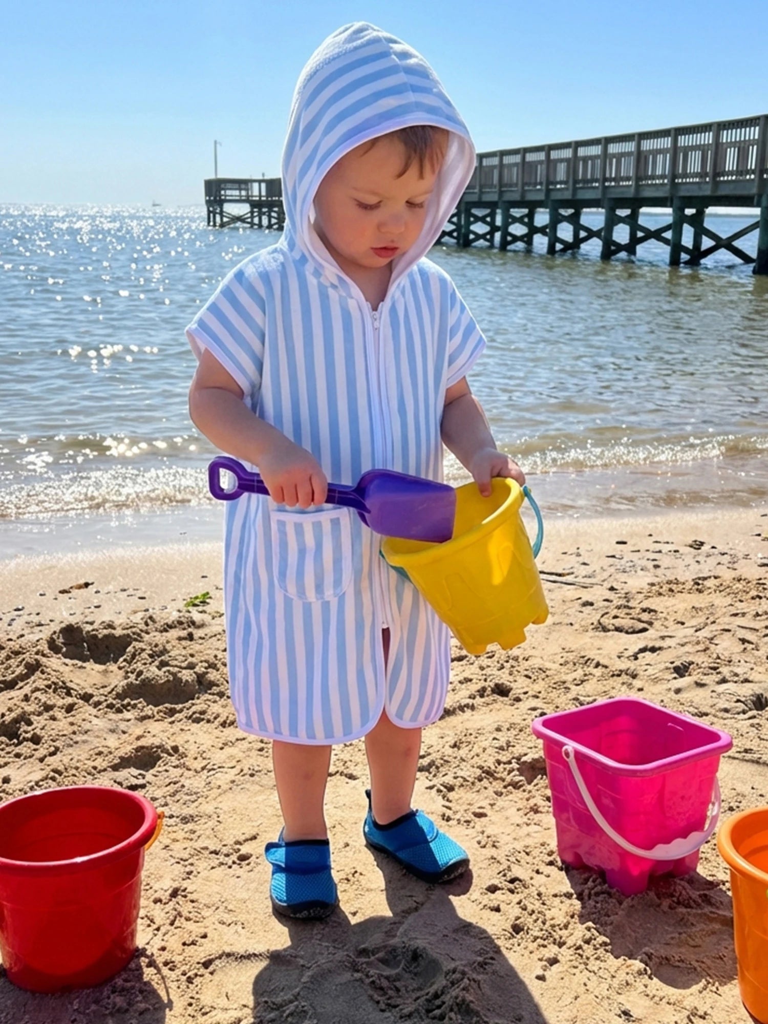 1-6Y Kids Swimwear Cover-ups Striped Zip Up Short Sleeve Hooded Robe Shawl for Beach Pool for Boys Girls Swimsuits