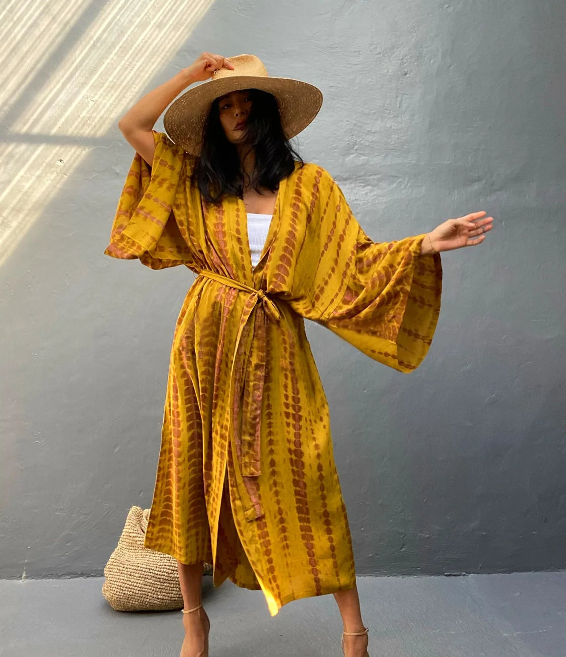 Women's Boho Stripe Tie Dye Swimsuit Cover Up with Belt Tunic Sarong Cardigan Dress Bikini Cover-ups Beach Wear Kimono