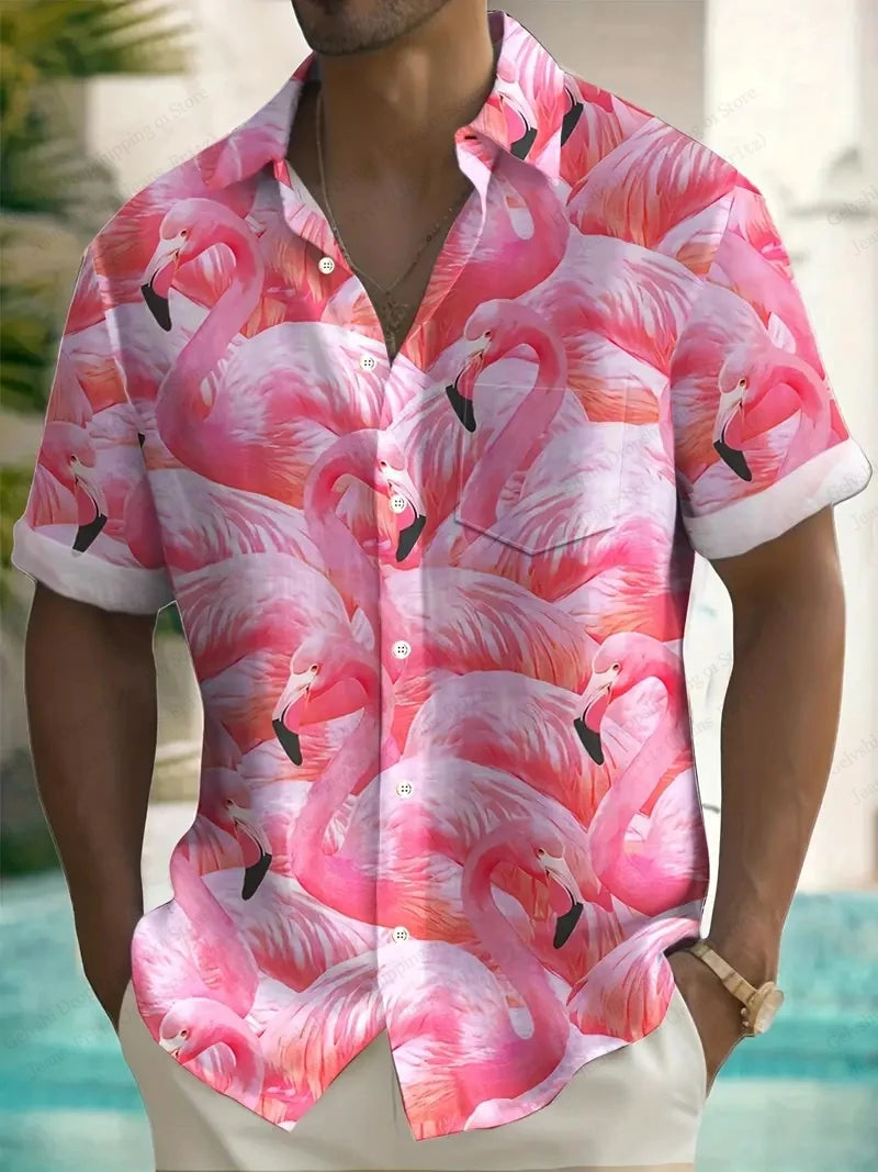 Summer Men's Vocation Lapel Camisa Oversized Hawaiian Shirts Flamingo 3d Print Fashion Men Women Beach Short Sleeve Blouse Boy