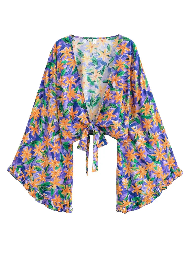 Boho Queens Sun Flower Beach Summer Short Kimono Women 2025 Ruffles Flare Sleeves Vacation Bohemian Bikini Cover-ups