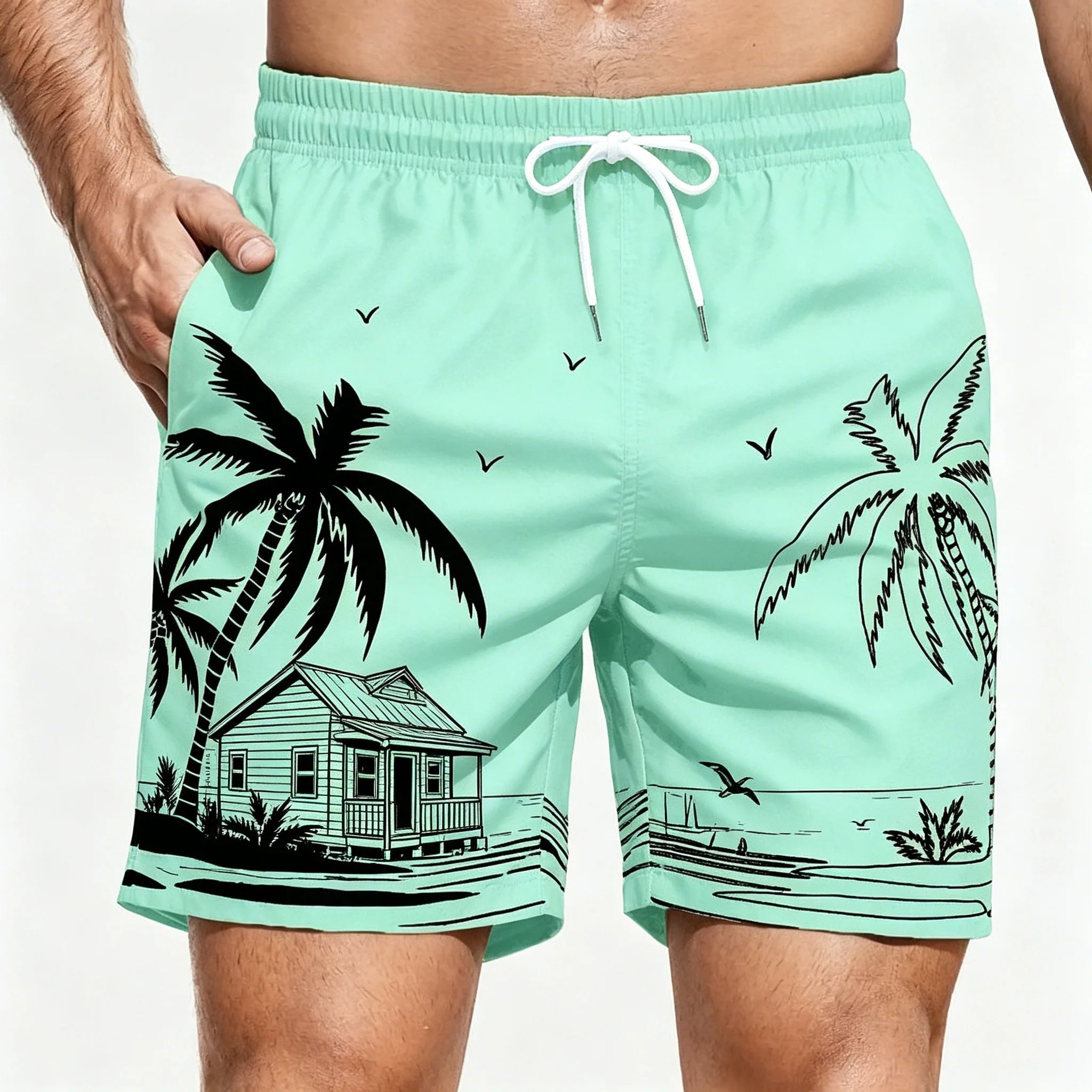 Men's Dark Green Tropical Leaf & Bird Print Drawstring Shorts, Casual Loose Swim Trunks For Spring Summer Wear