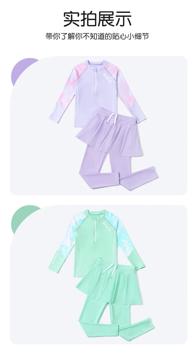 Two Piece Long Sleeve Girls Swimwear With Skirt Burkini Swimsuit Kids Children Modest Swimming Suit Sun Protection Beachwear