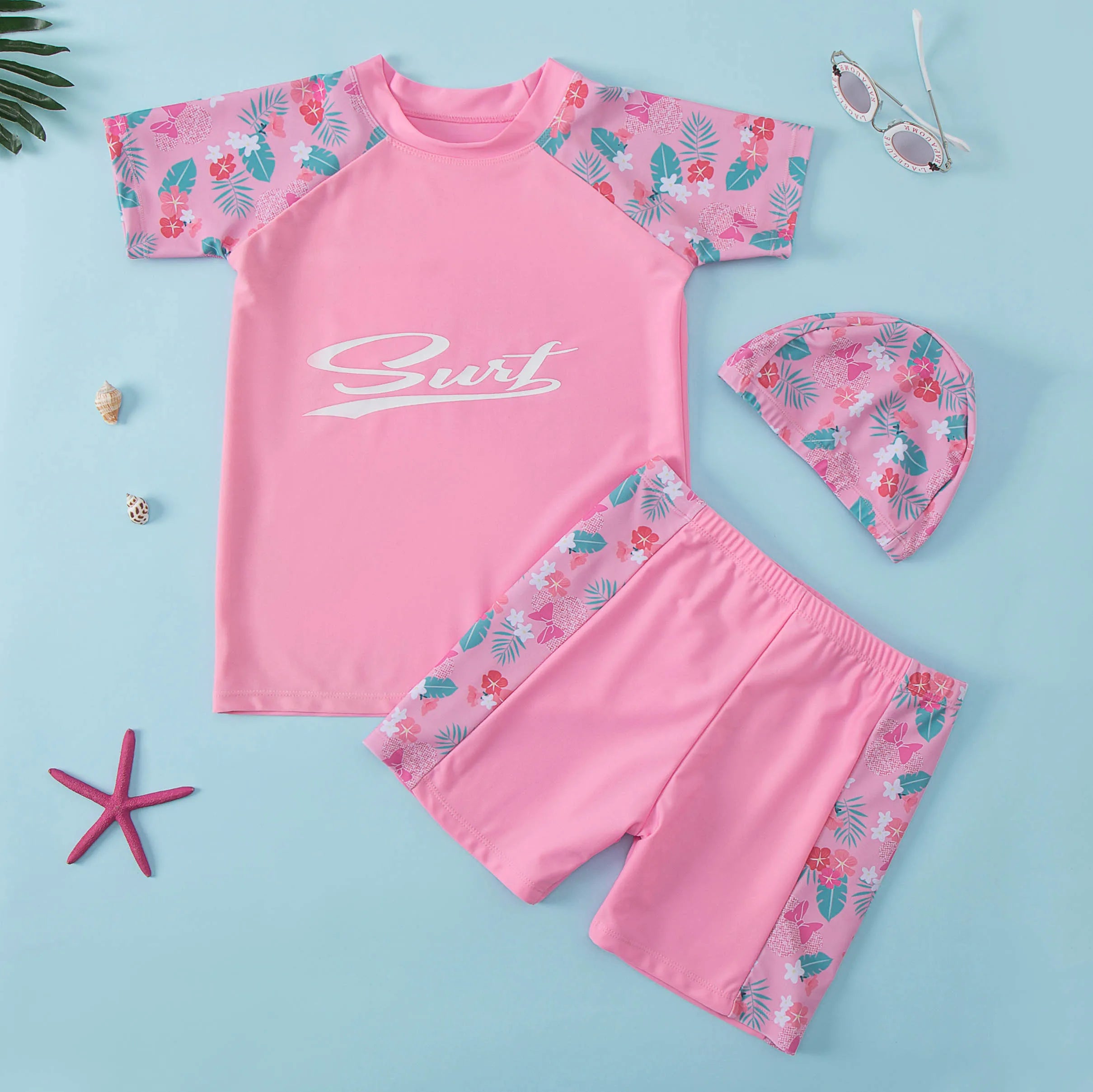 Kids Boy Swimsuit Summer Children Board Shorts Sets Boys Split Short Sleeve Quick Drying Boys Swimwear Beach Surfing Swimsuits