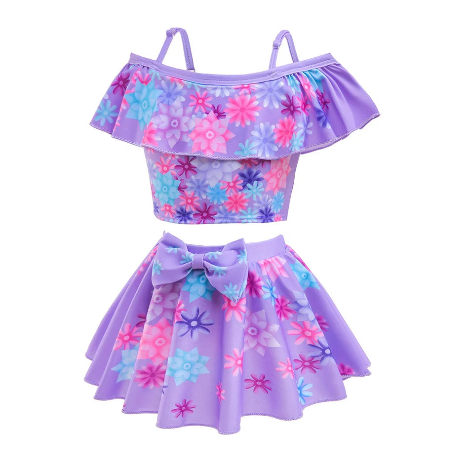 Encanto Cosplay Mirabel Isabela 2Pcs Tops Skirt Set Girls Dolores Luisa Pepa Bikini Swimwear Children Print Beachwear Costumes