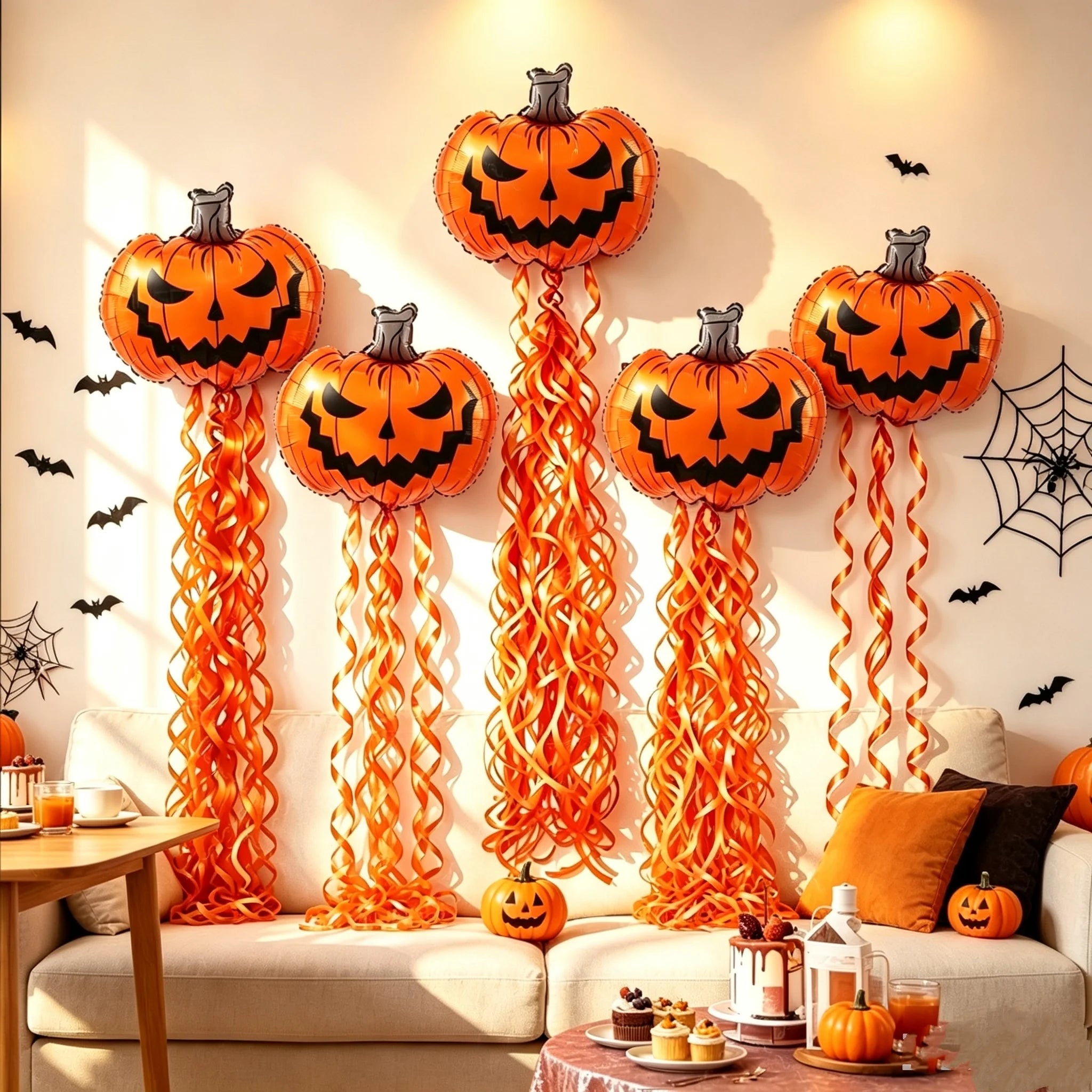 7 Pieces--Halloween Decoration Supplies, Scary Pumpkin Balloons and Spiral Tassel Rain Curtain Set, with Adhesive Dots, Suitable for Halloween Parties, Trick-Or-Treating, Birthday Parties, and Horror Celebration Backdrop Deco