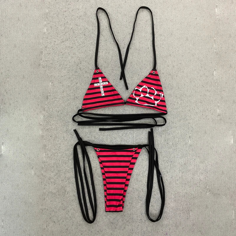 Striped Cross & Paw Print Bikini Set Women Triangle Halter Top Tie Side Bottoms Summer Y2K Punk Aesthetic Beachwear