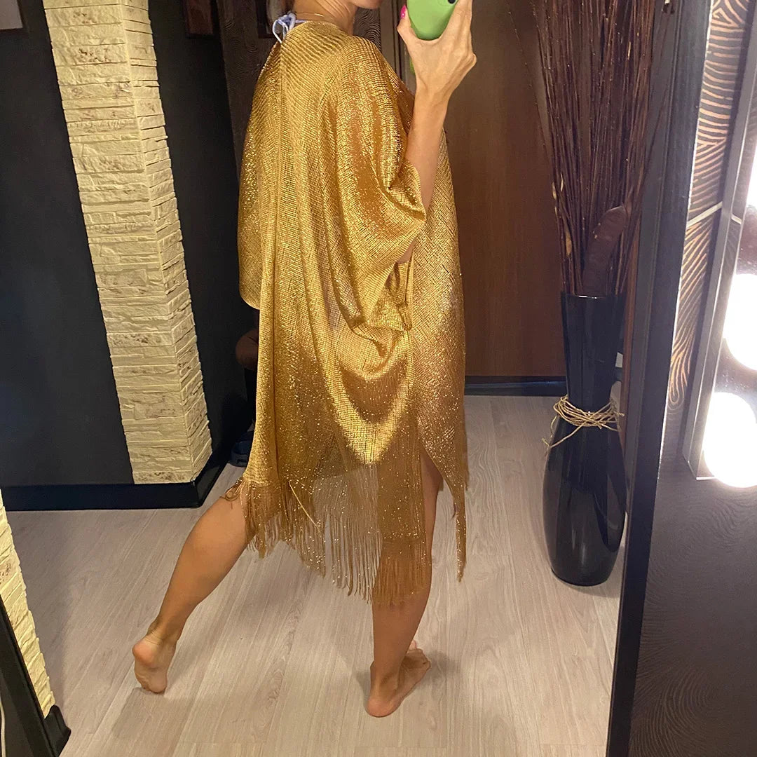 Sexy Fringe Tassel Sheer Knitted Beach Cover Up Dress Shiny Mesh Tunic for Women Swimwear Mesh Cover Lightweight Beach Dress