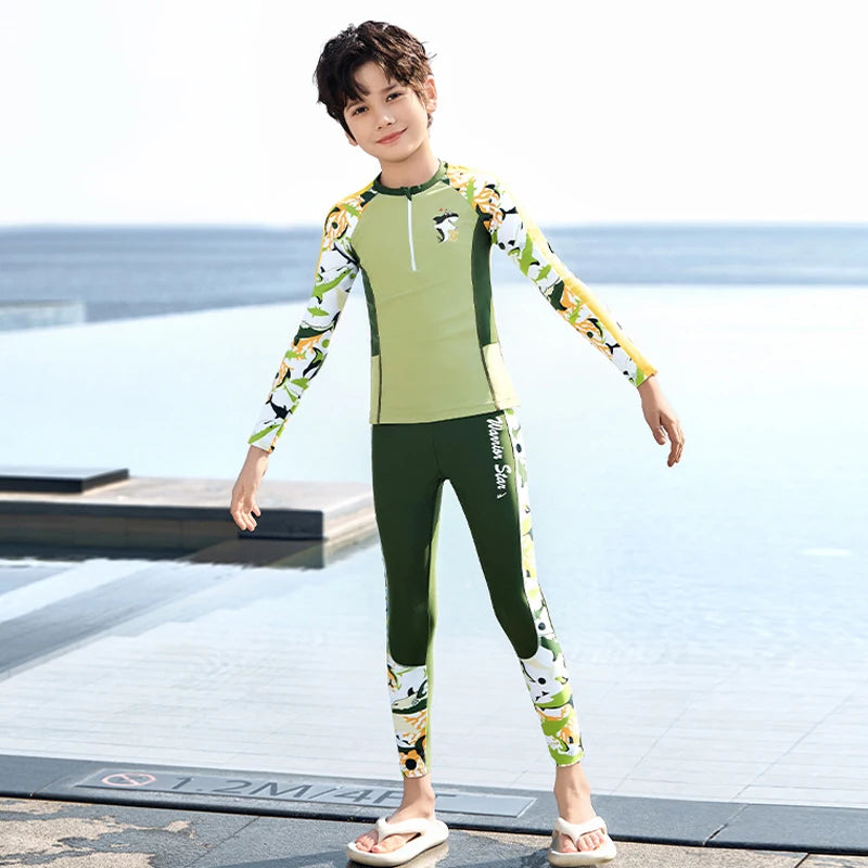 Full Body Boys Swimwear Sun Protection Kids Swimsuit Two Piece Children Long Sleeve Bathing Suit Summer Swimming Pool Clothes