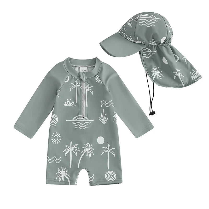 Tregren Toddler Boys Rash Guard Swimsuit Long Sleeve Turtle/Dinosaur Print Infant Bathing Suit Swimwear with Swim Caps Beachwear